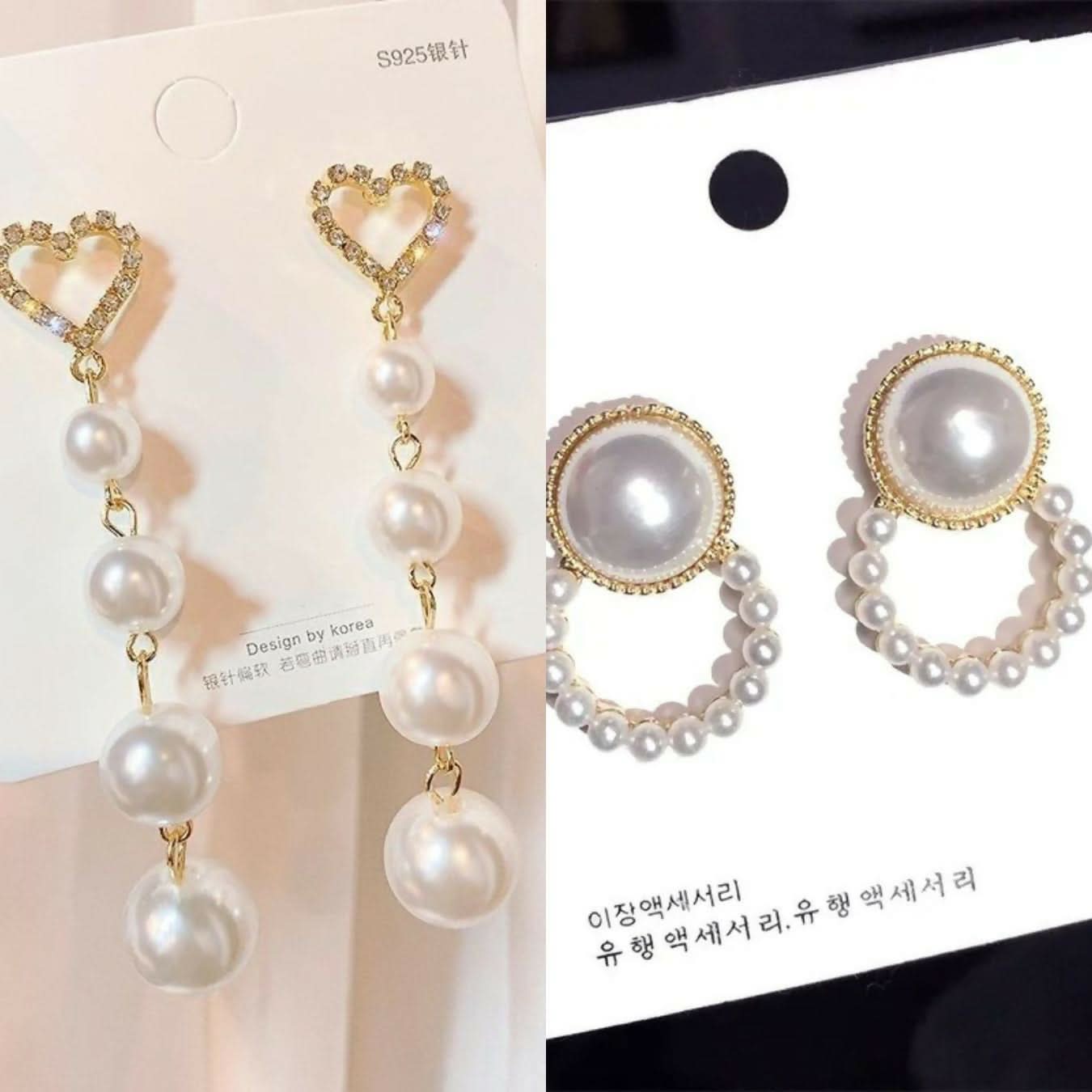 Elegant Pearl Dangle & Stud Earrings Set Heart & Circle Designs pinapes