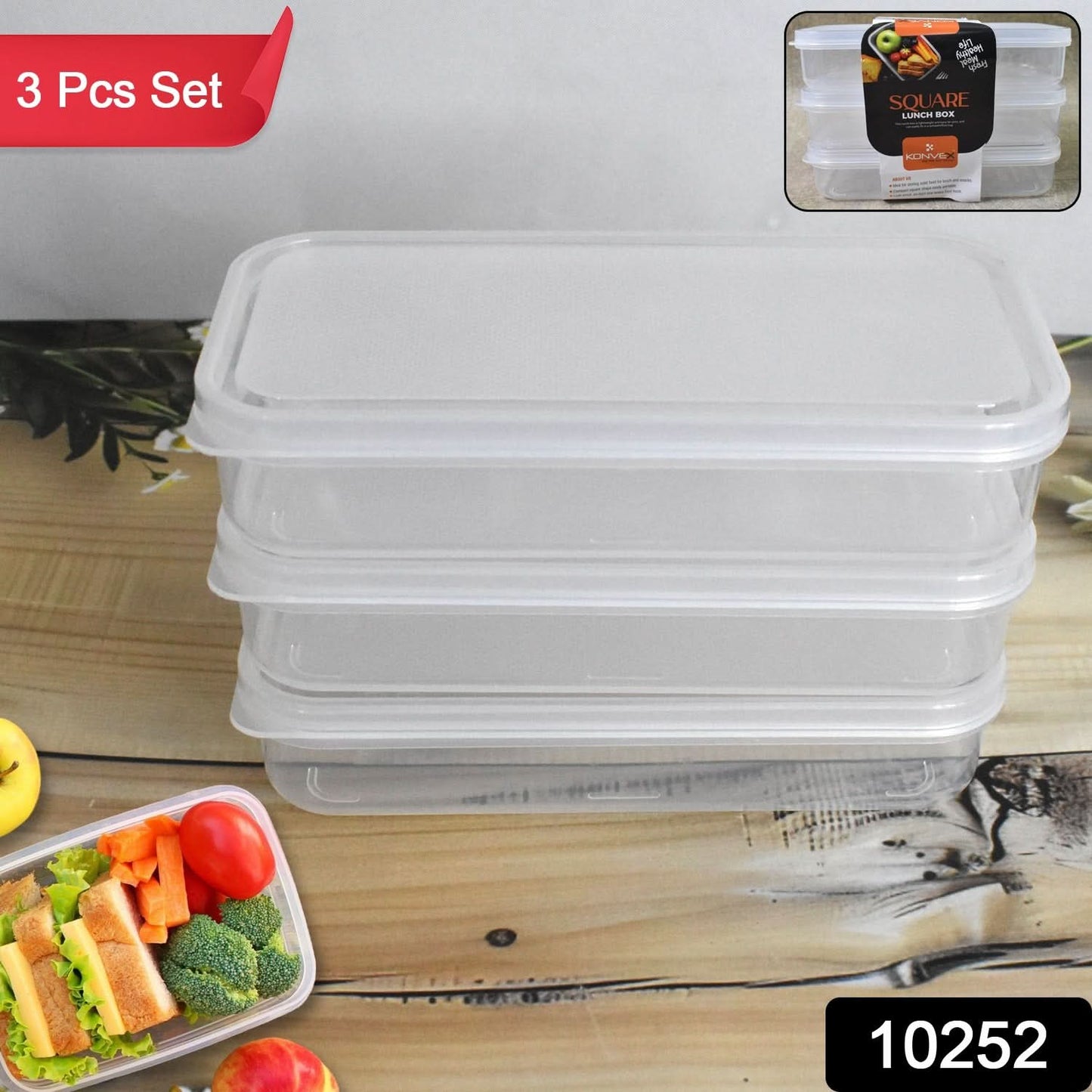 Plastic Square Lunch Box Kitchen Containers Set (3 Pcs Set) HP DD