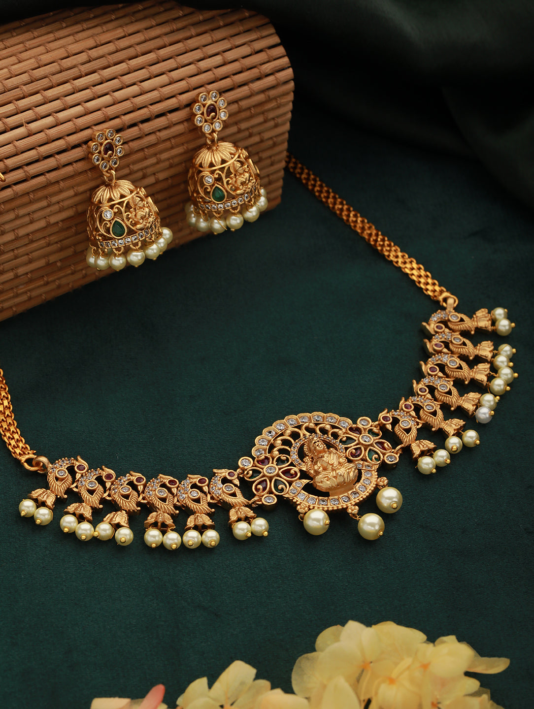 24K Gold-Plated Ad Studded & Beaded Temple Jewellery Set
