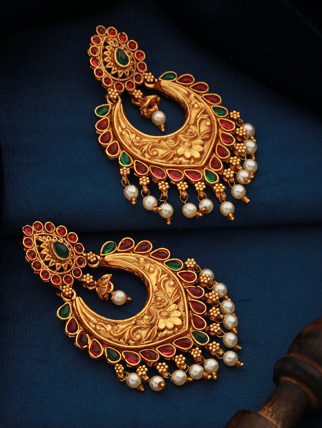 Jazz And Sizzle Gold-Plated Green & Pink Stone studded & pearls Drop Crescent Shaped Chandbalis
