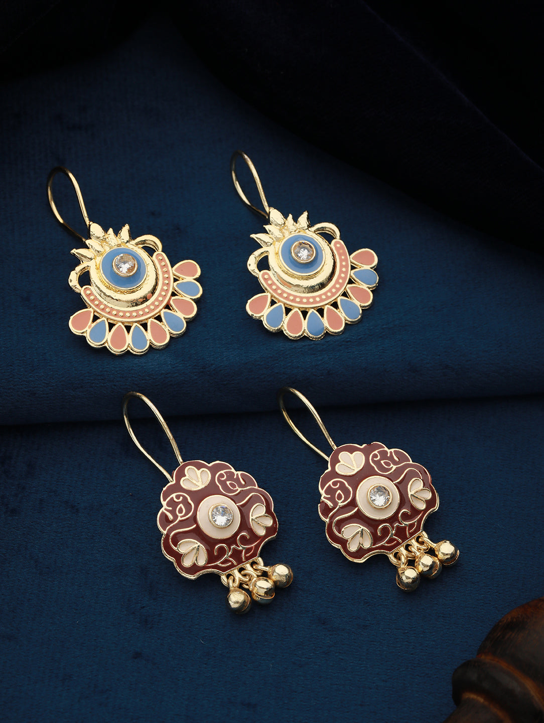 Set Of 2 Maroon & Blue Meenakari Gold-Plated Drop Earrings