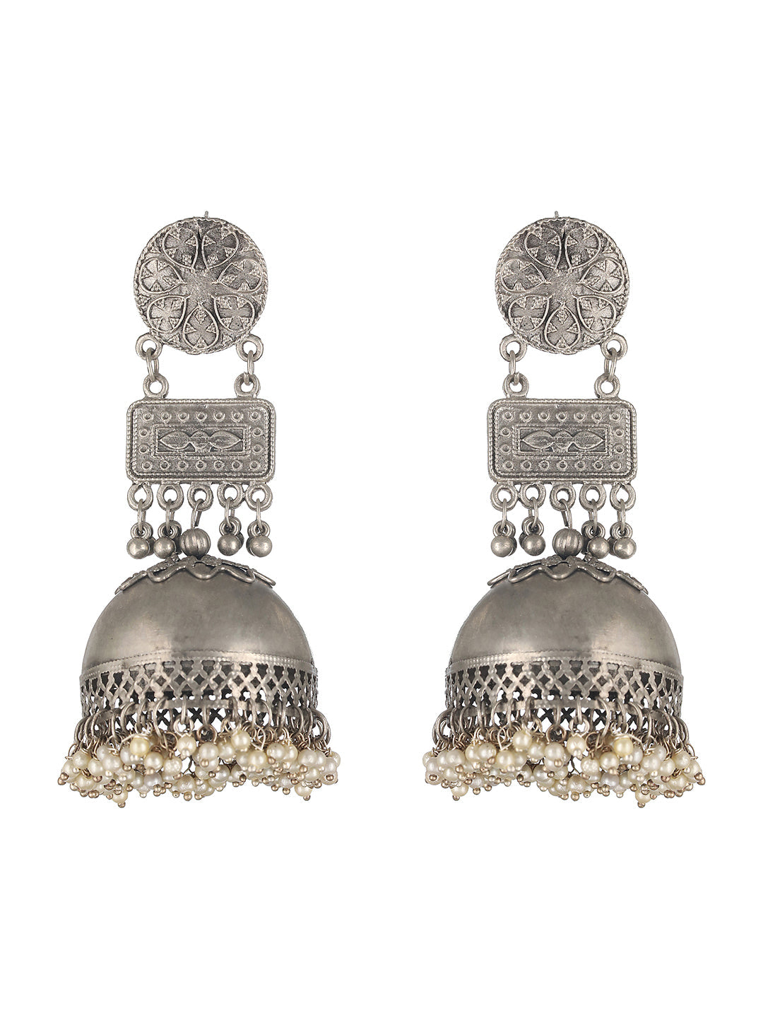 Silver-Plated Oxidised Dome Shaped Jhumkas Earrings