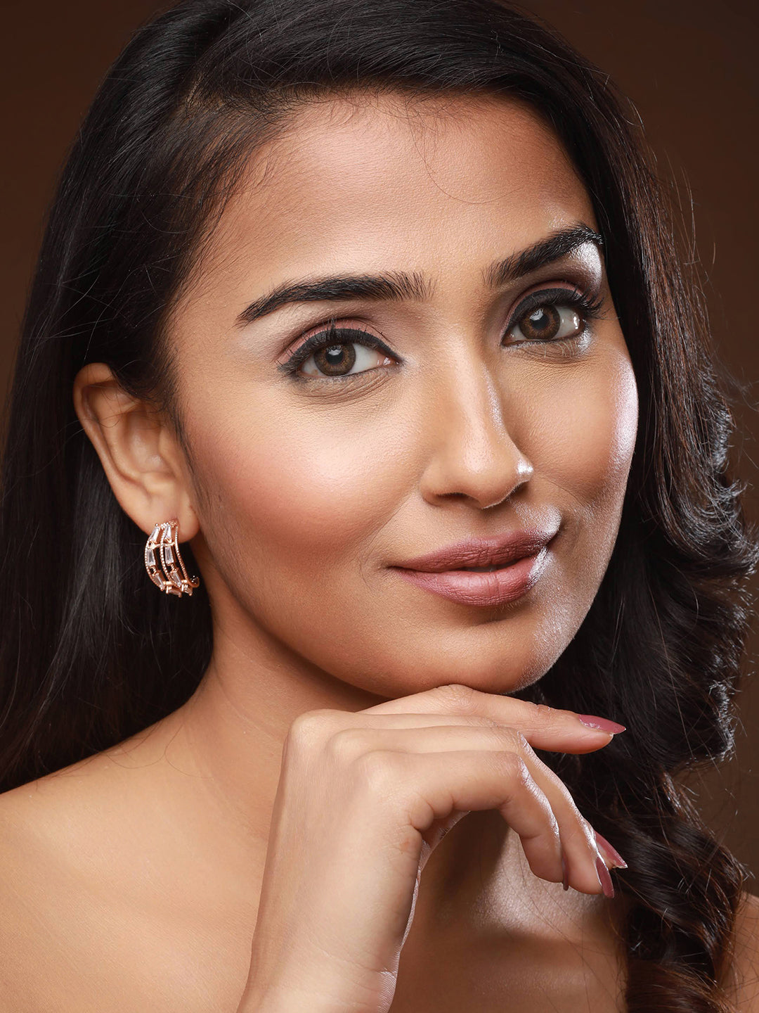 Rose Gold-Plated Cubic Zirconia Studded Half Hoop Earrings