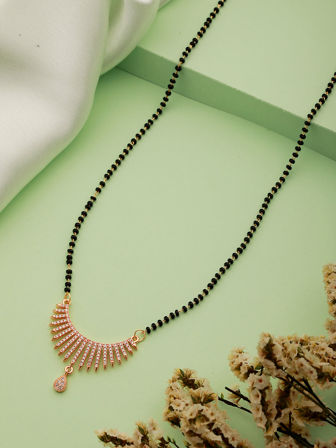 Rose Gold Plated American Diamond Stone Studded & Beaded Mangalsutra
