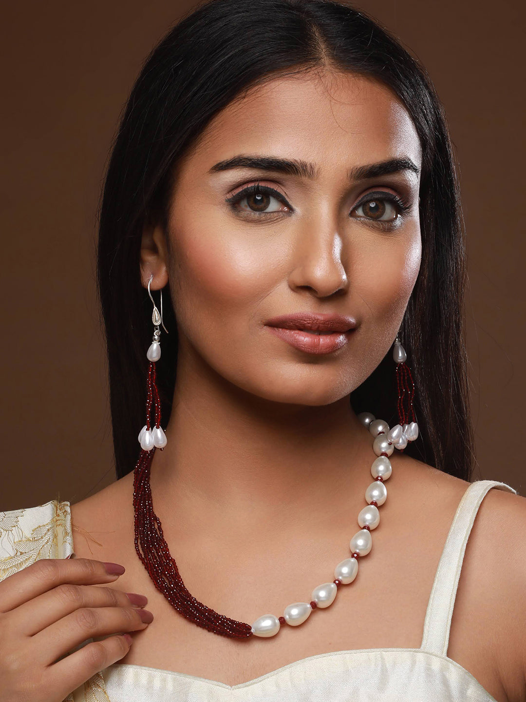 Silver-Plated Beaded Necklace And Earrings