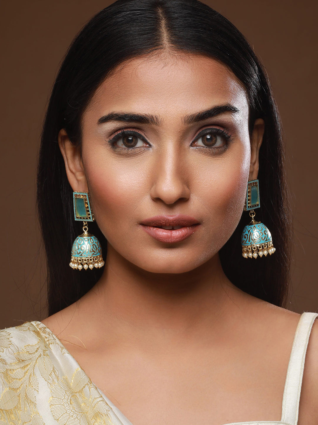 Turquise Blue Gold Plated Stone Studded & Beaded Handcrafted Enamelled Jhumkas