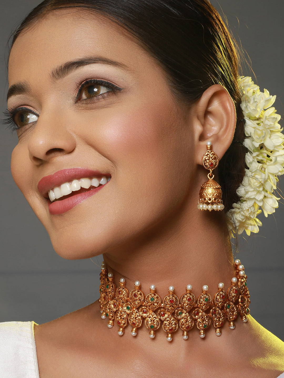 24Kt Gold-Plated Stone-Studded & Beaded Temple Necklace & Earrings
