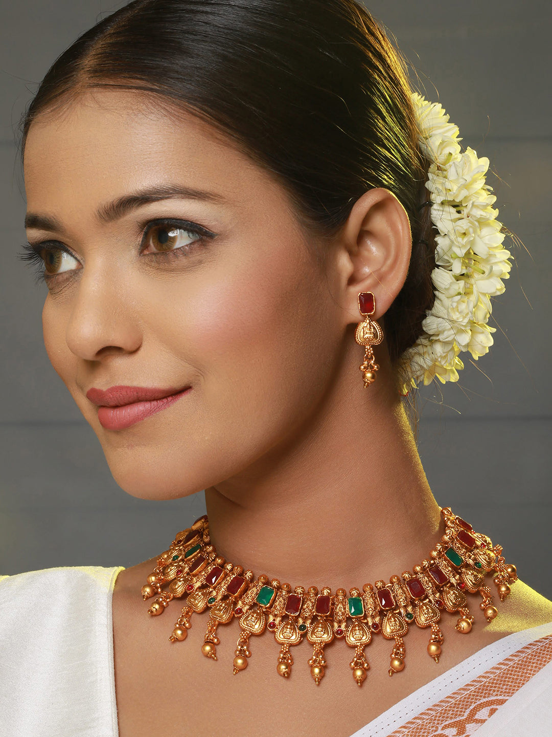 Gold-Plated Stone-Studded Necklace & Earrings