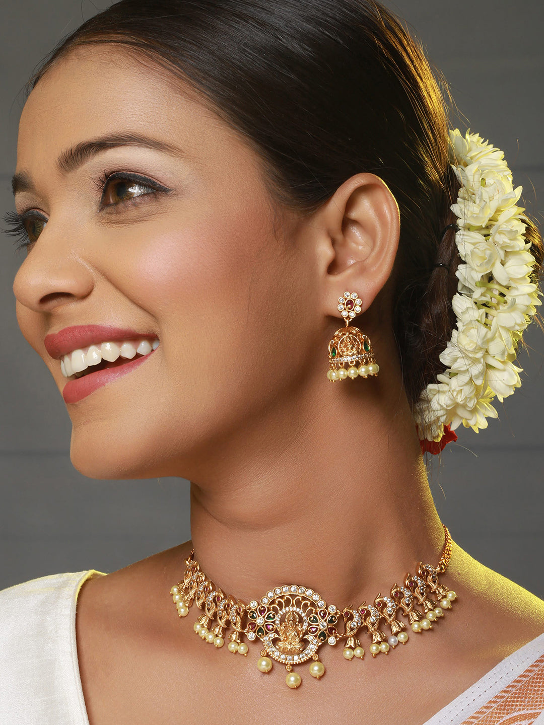 24K Gold-Plated Ad Studded & Beaded Temple Jewellery Set