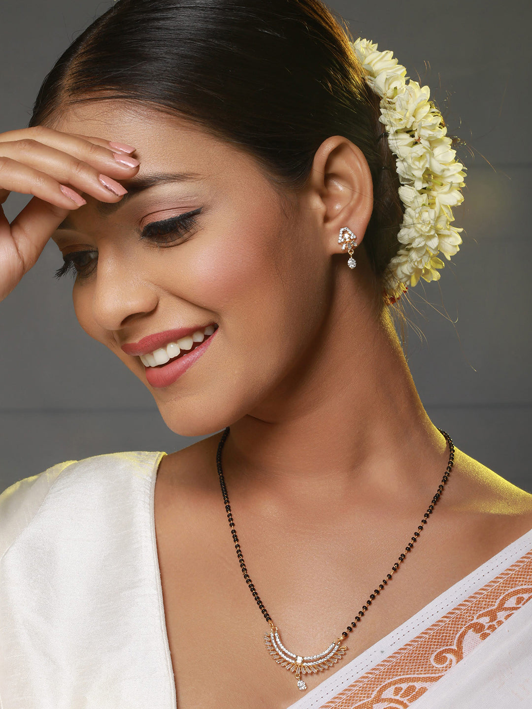 Black Gold-Plated Beaded & Ad Studded Mangalsutra & Earrings Set
