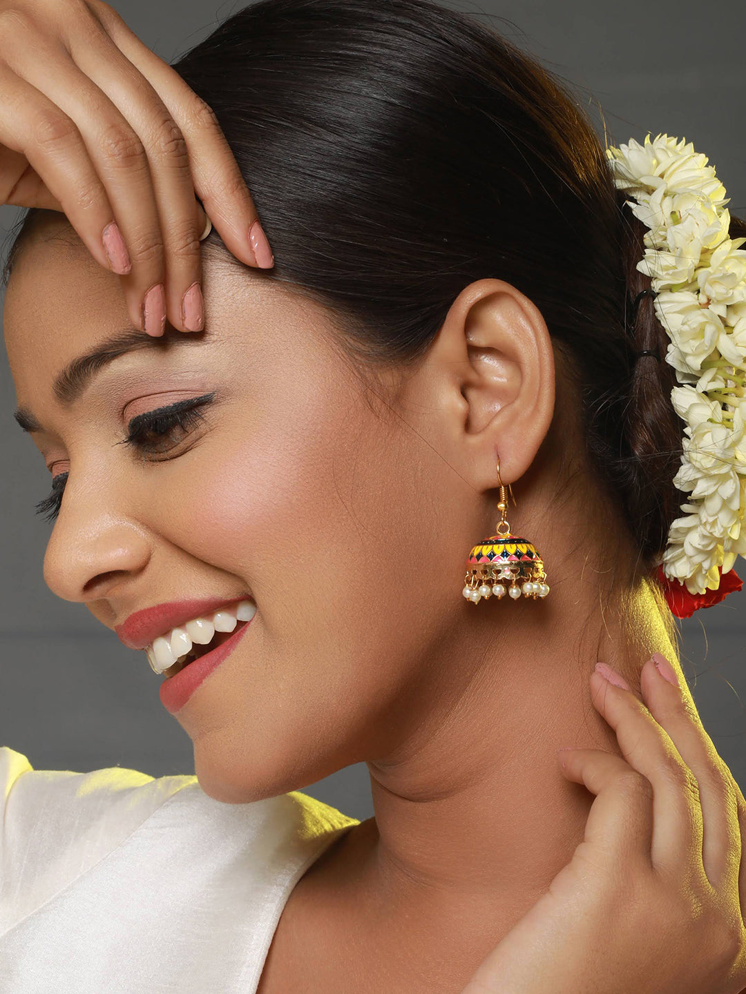 Set Of 2 Pink & Yellow Gold Plated Contemporary Meenakari Jhumkas Earrings