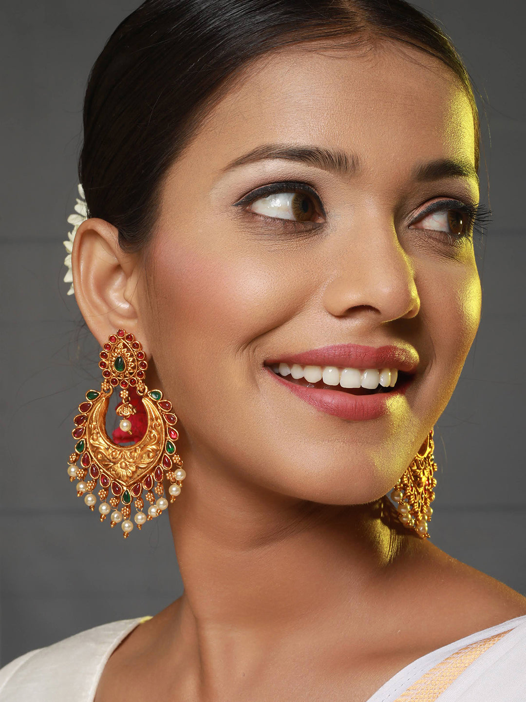Jazz And Sizzle Gold-Plated Green & Pink Stone studded & pearls Drop Crescent Shaped Chandbalis