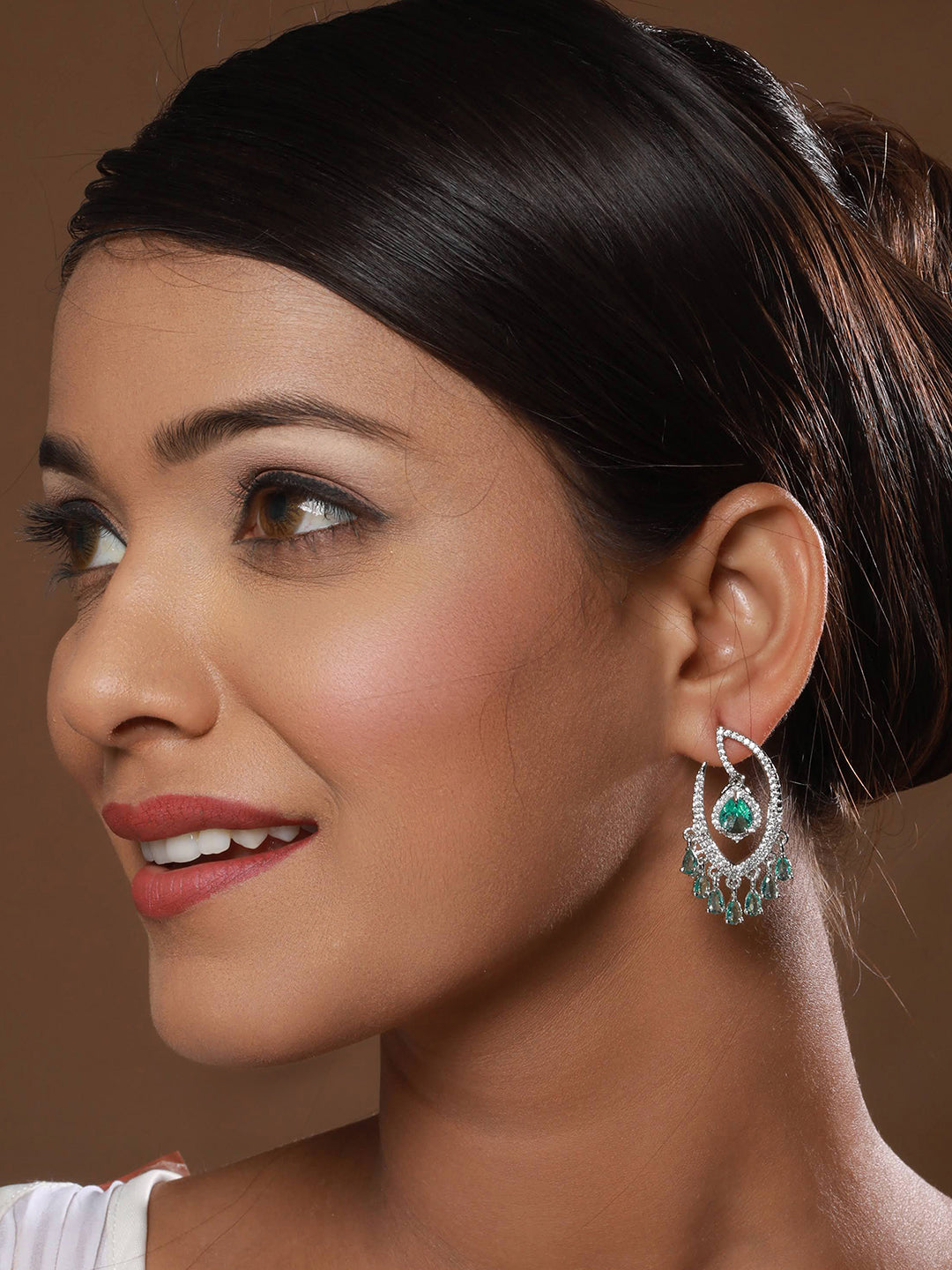 Green & White Rhodium Plated Ad Studded Drop Earrings