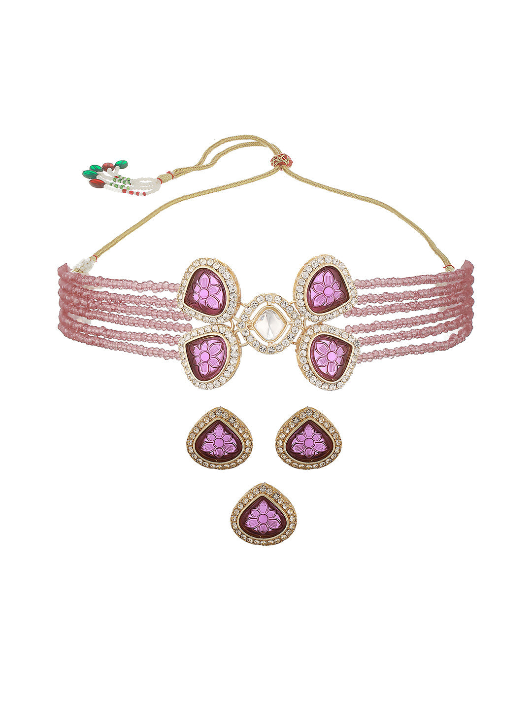 Gold-Plated Purple Kundan Studded & Beaded Jewellery Set With Ring