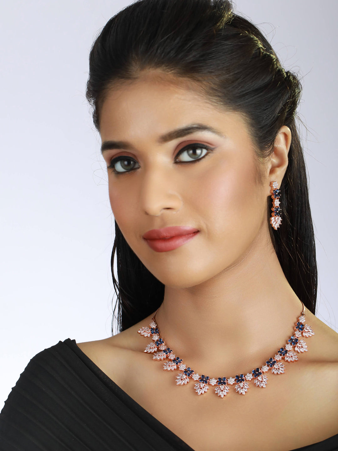 Rose Gold-Plated Blue & White Ameriacna Diamond & Cz-Studded Floral Jewellery Set