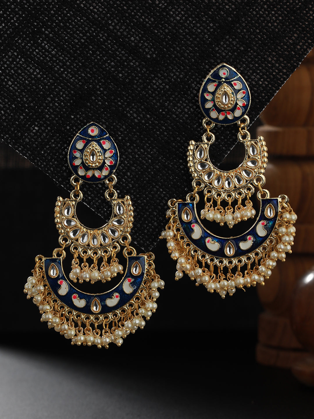 Blue Gold-Plated Meenakari & Pearls Beaded Chandbalis Earrings