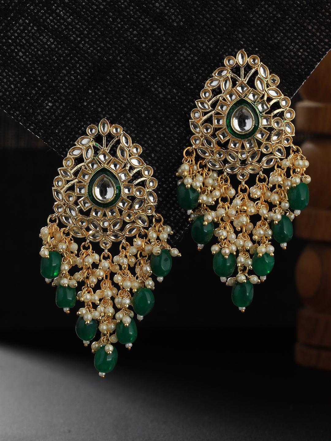 Green Gold Plated Kundan Studded & Beaded Meenakari Drop Earrings