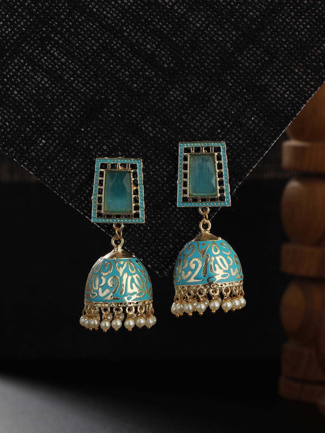 Turquise Blue Gold Plated Stone Studded & Beaded Handcrafted Enamelled Jhumkas
