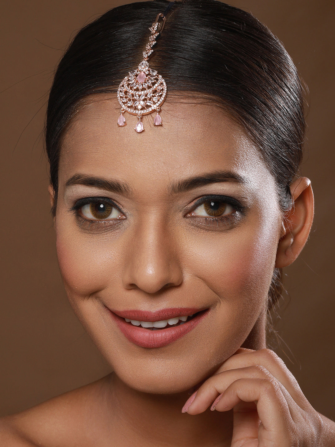Rose Gold-Plated Pink & White Ad-Studded Handcrafted Maang Tikka
