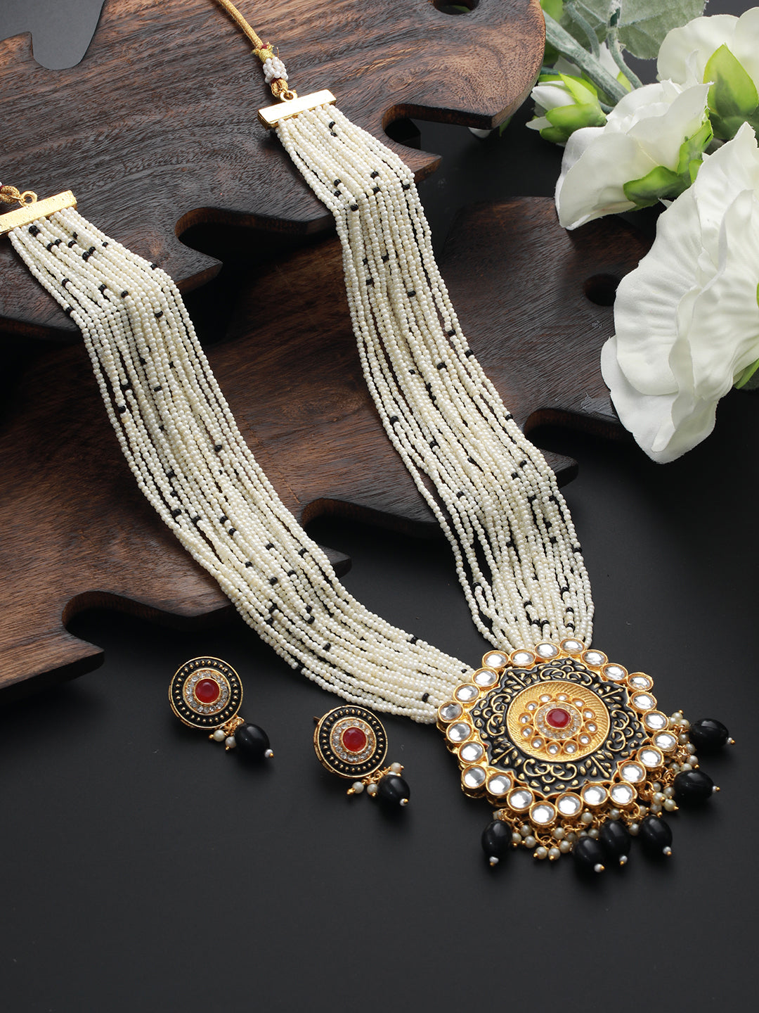 Gold-Plated Stone-Studded & Beaded Meenakari Jewellery Set