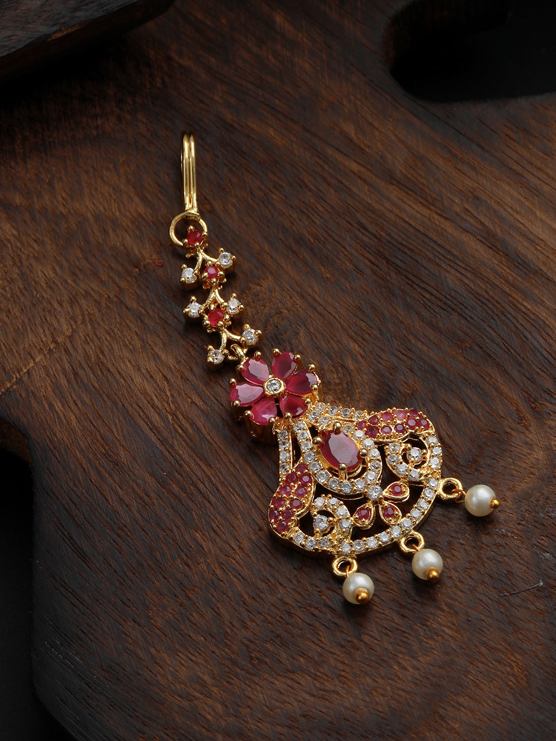 Gold-Plated Ad-Studded & Beaded Maang Tikka
