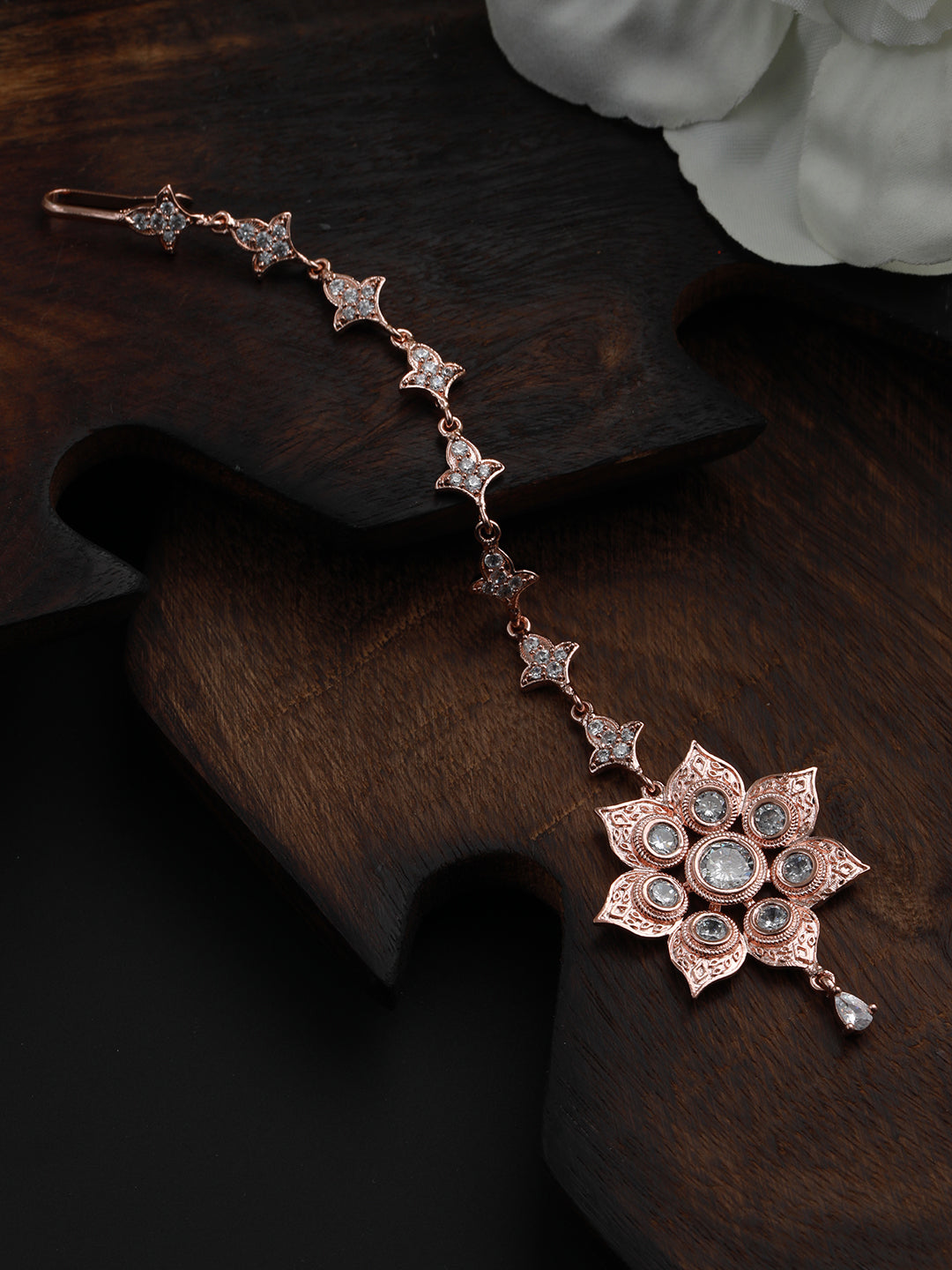 Rose Gold-Plated White Ad-Studded Handcrafted Floral Maang Tikka