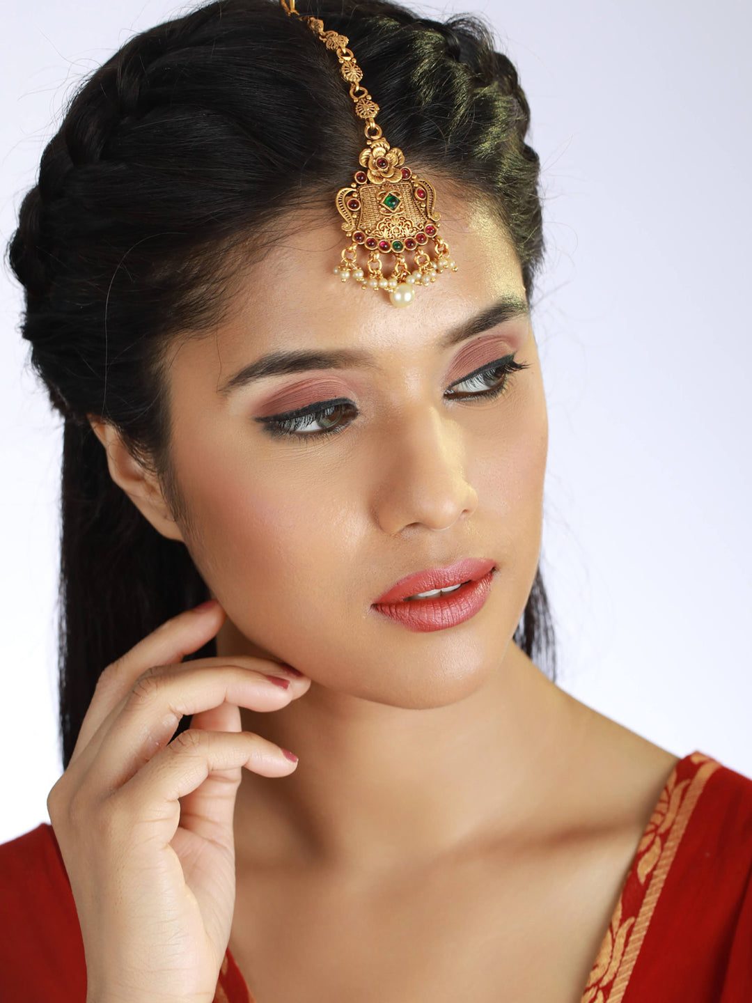 Gold-Plated Green & Red Stone-Studded & Beaded Floral Temple Maang Tikka