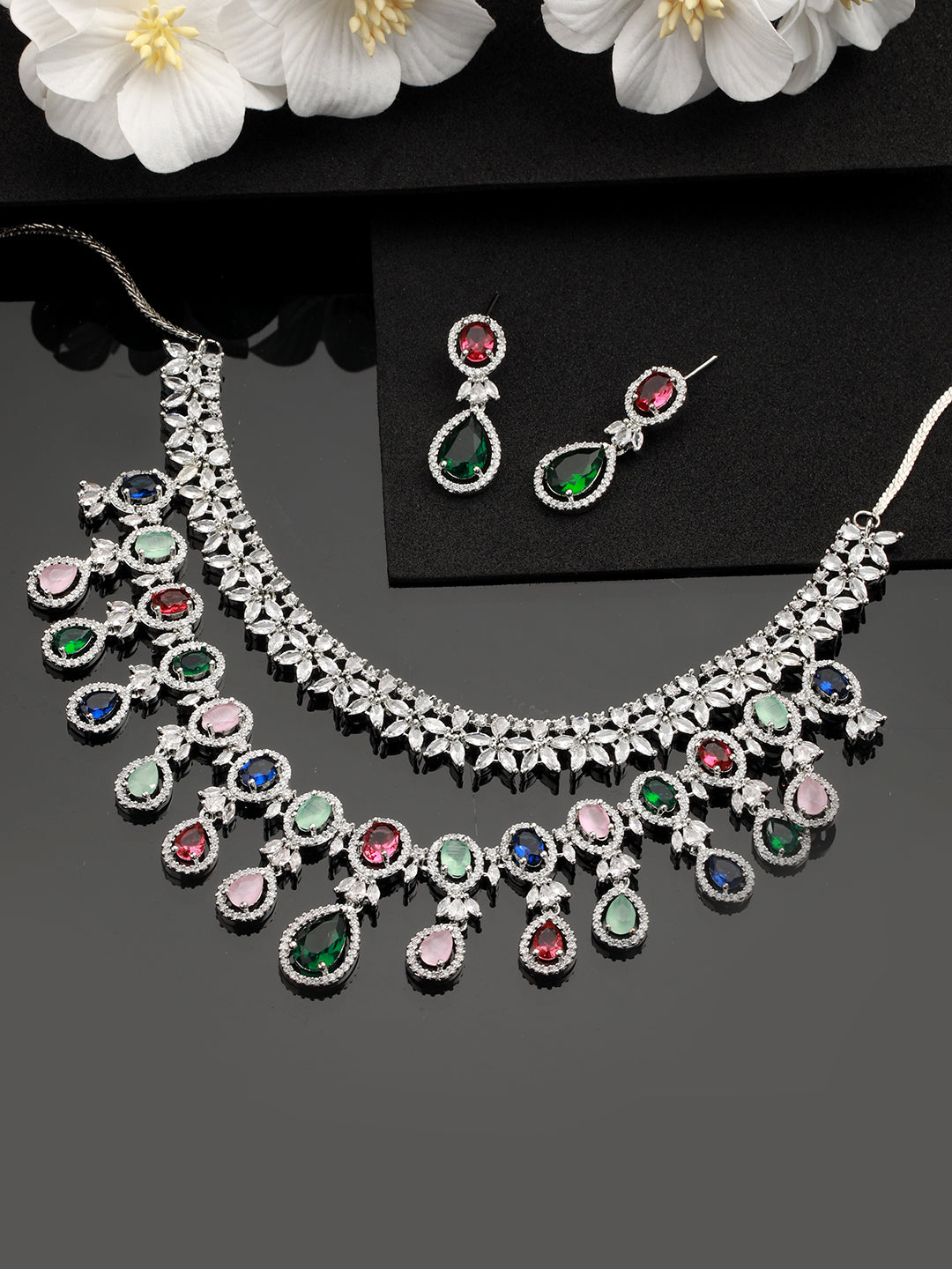 Silver-Plated Ad-Studded & Beaded Layered Jewellery Set
