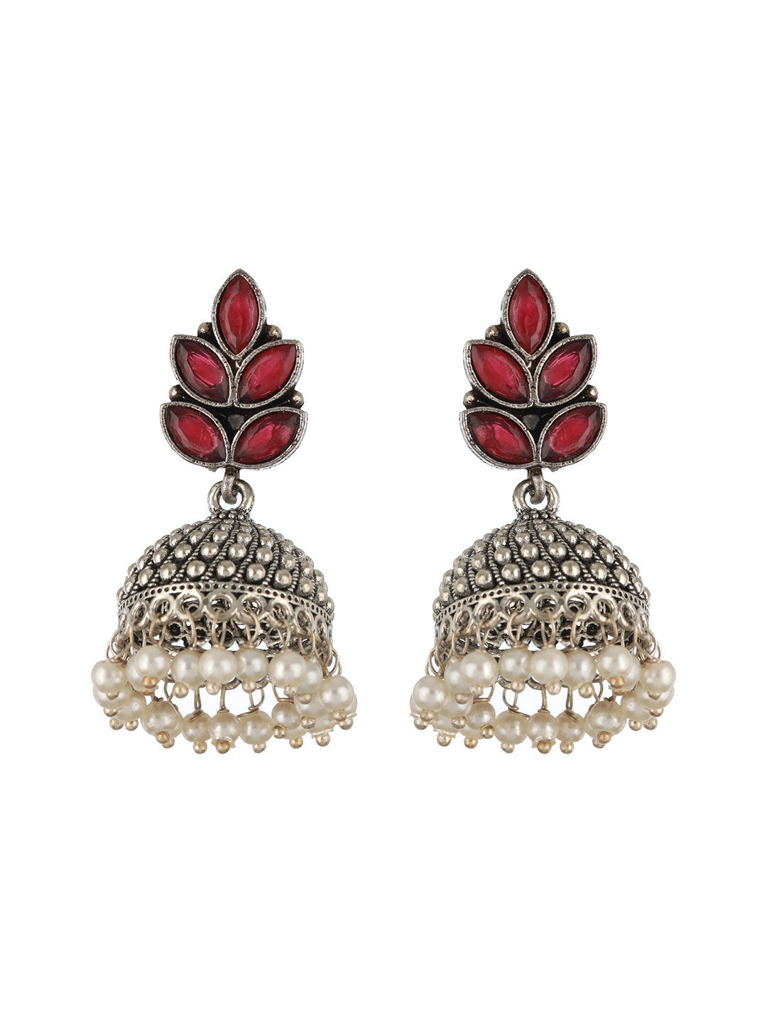 Silver-Plated Pearl Beaded & Maroon Stone Studded Handcrafted Dome Shaped Jhumkas