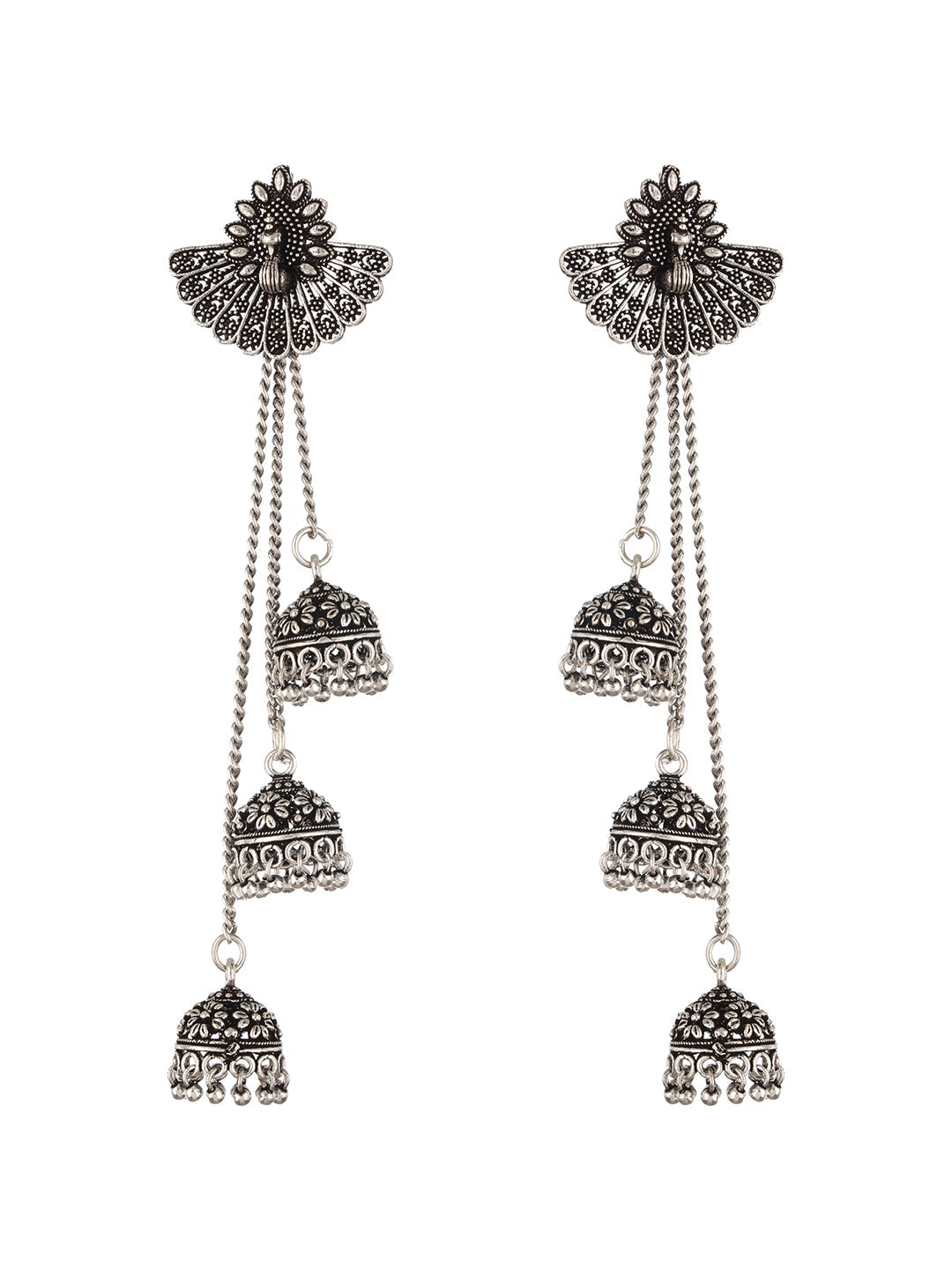 Oxidised Silver-Plated Peacock Shaped Jhumka Earrings