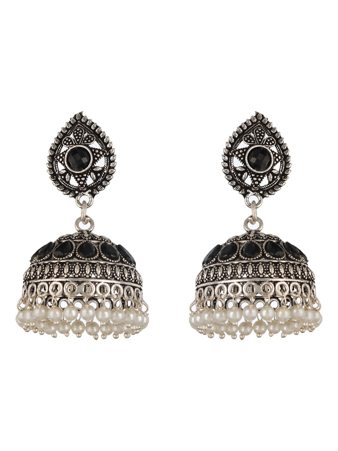 Black Stone Studded & Pearl Beaded Dome Shaped Jhumka Earrings