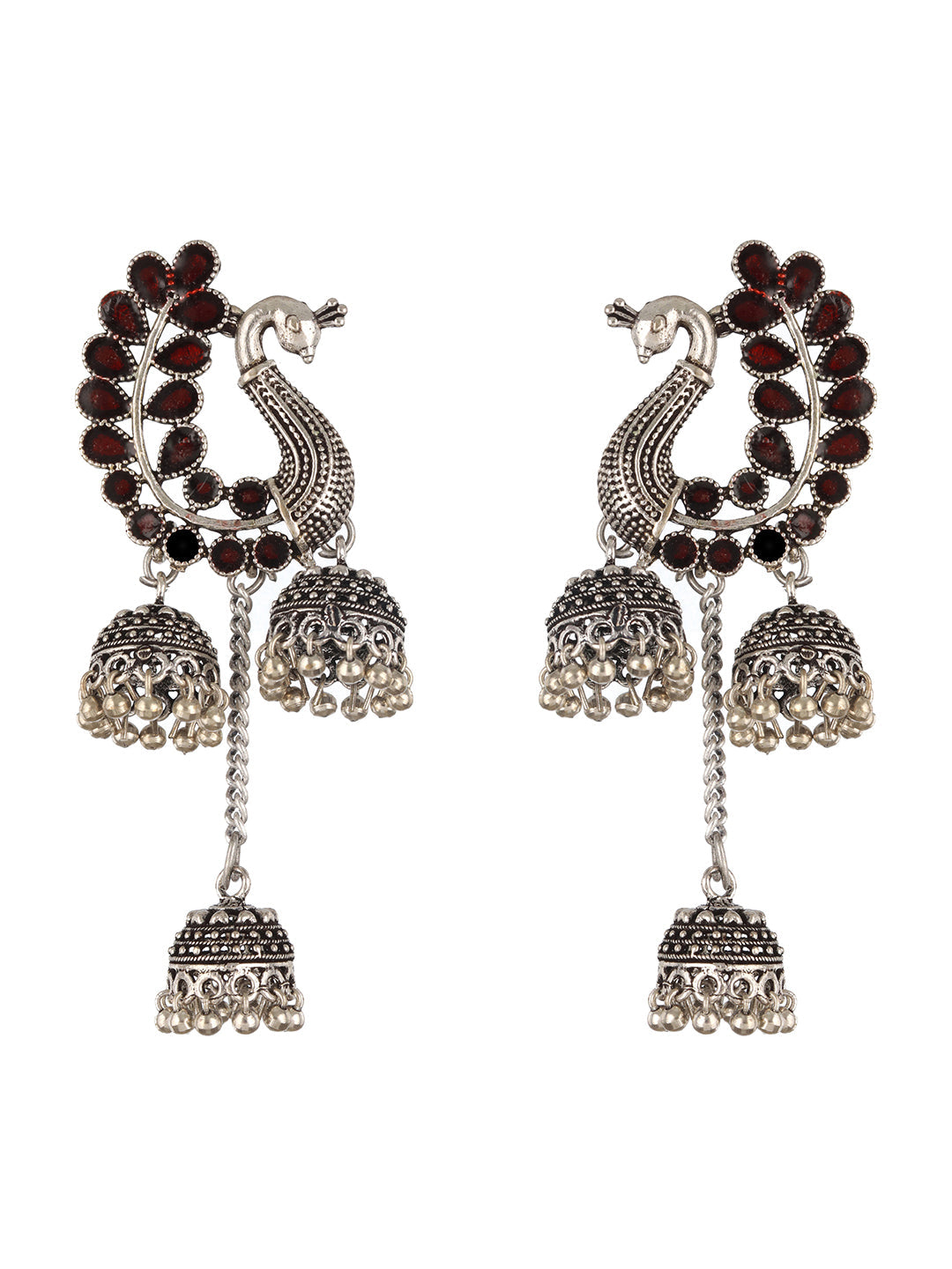 Silver-Plated Maroon Stone Studded Handcrafted Peacock Shaped Jhumkas Earrings
