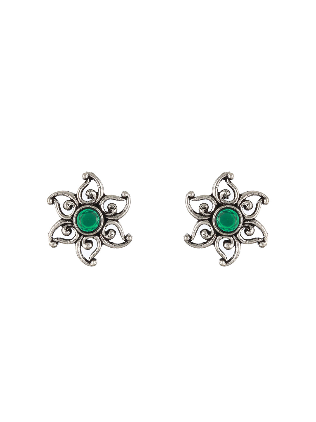 Silver-Plated Floral Shaped Oxidized Pendant & Earring Set