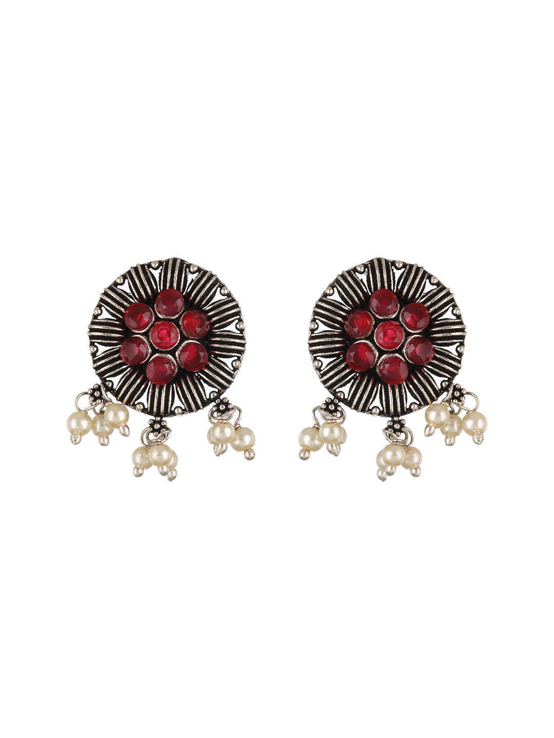 Silver Plated Red Stone Studded & Pearl Beaded Oxidised Peacock Shaped Jewellery Set