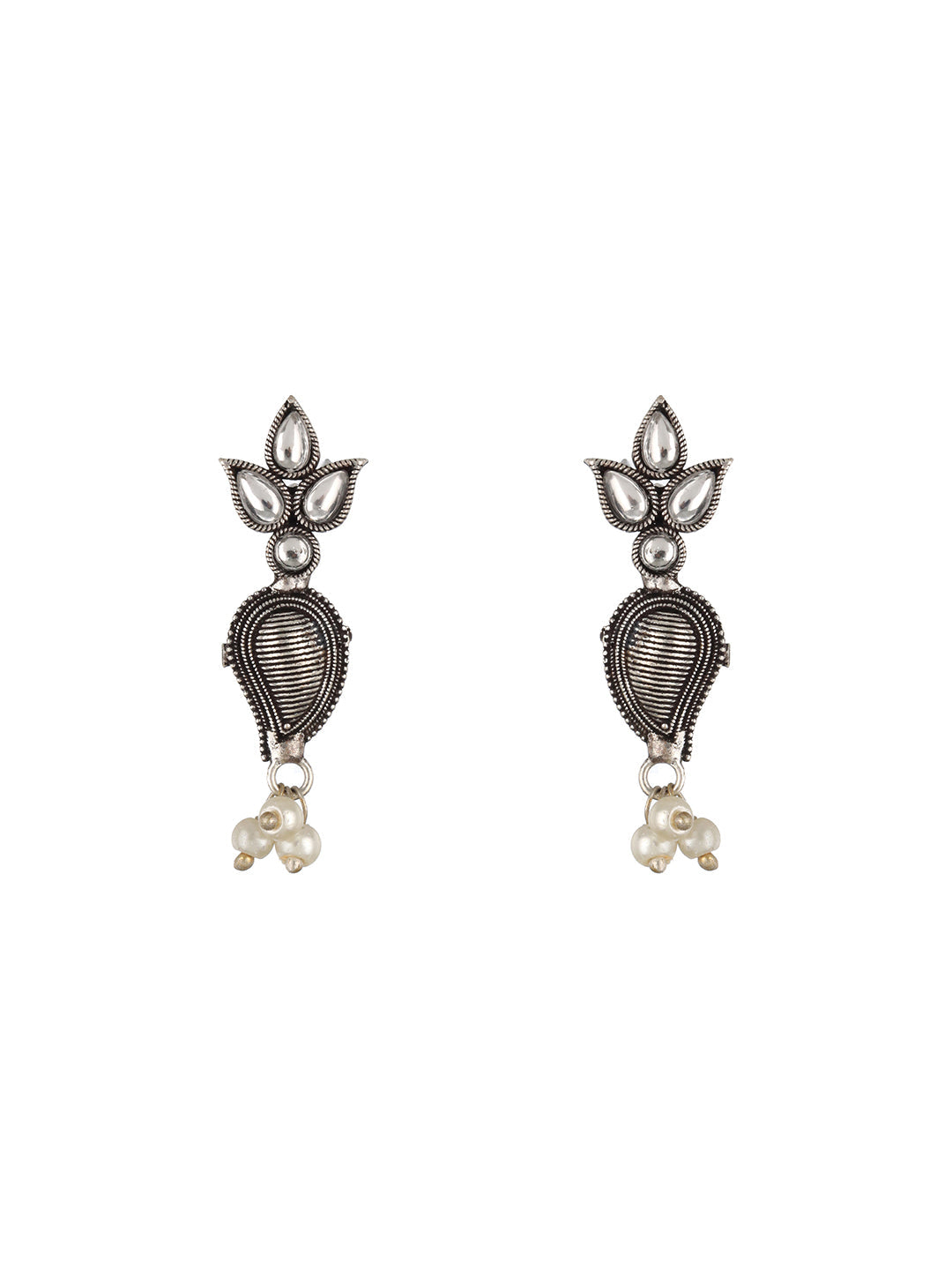 White Silver-Plated Oxidised Stone-Studded Floral Jewellery Set
