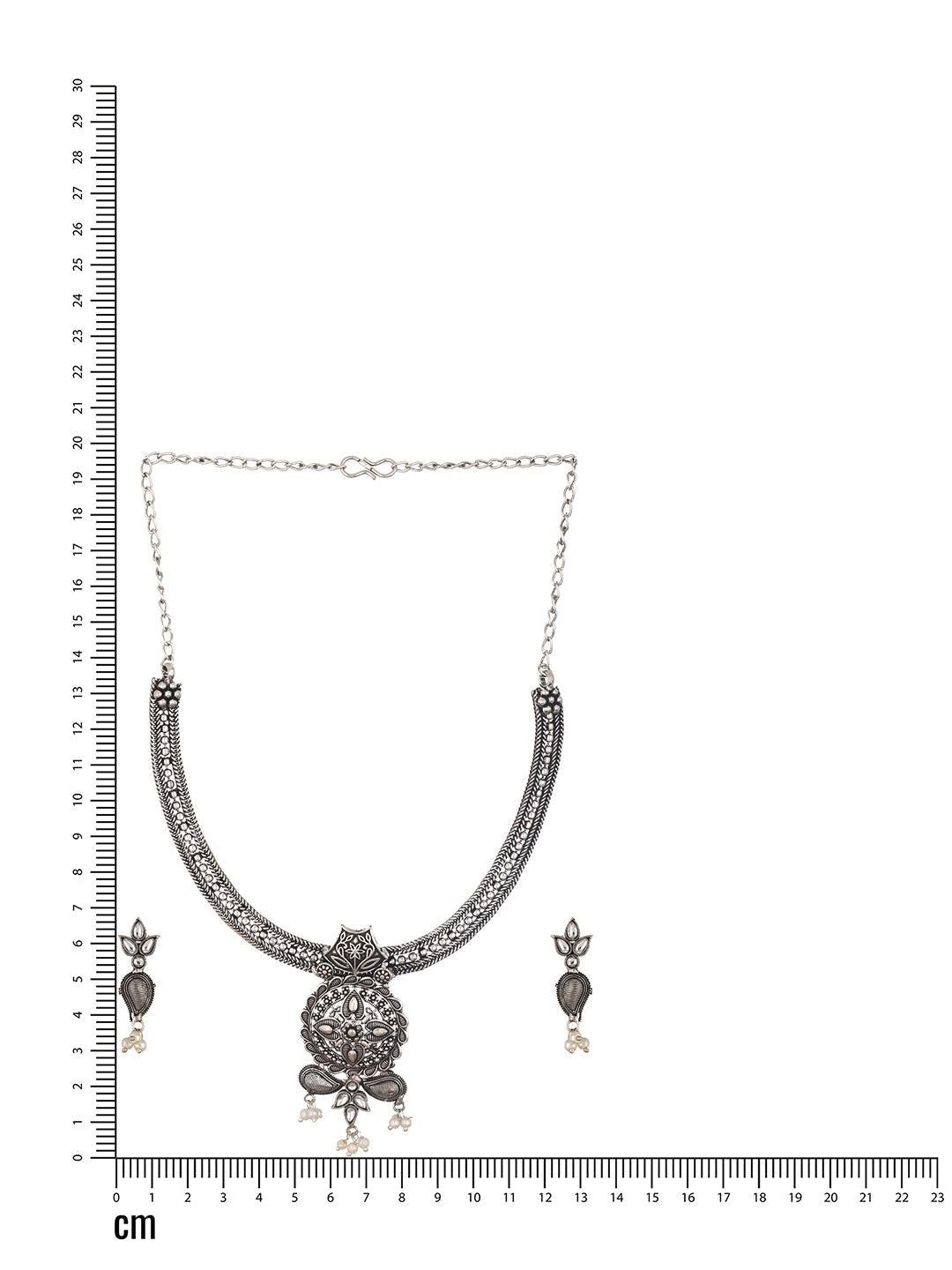 White Silver-Plated Oxidised Stone-Studded Floral Jewellery Set