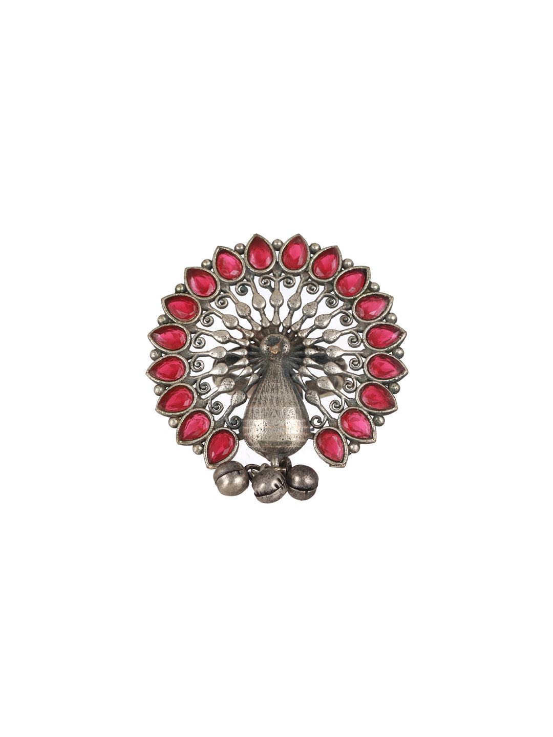 Silver-Plated Red Stone Studded Peacock Motif Adjustable Finger Ring