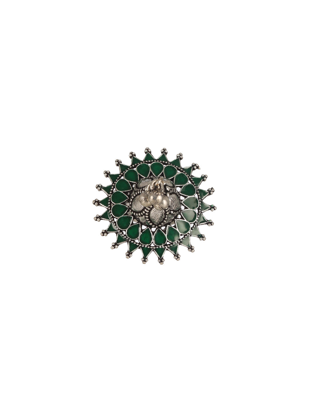 Silver-Plated Green Stone Studded& Ghungroo Finger Ring
