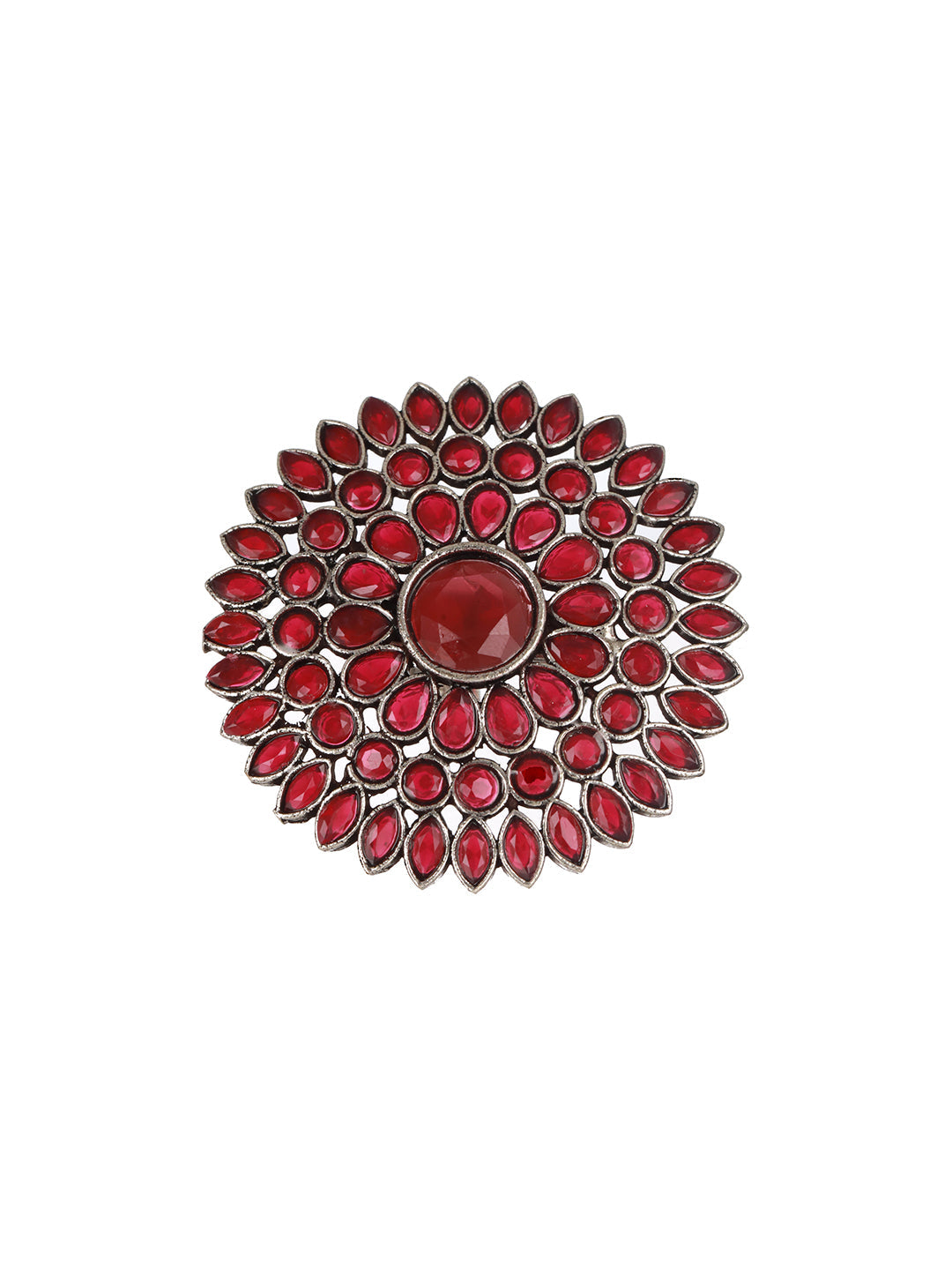 Silver-Plated Red Stone Studded Flower Shaped Adjustable Finger Ring