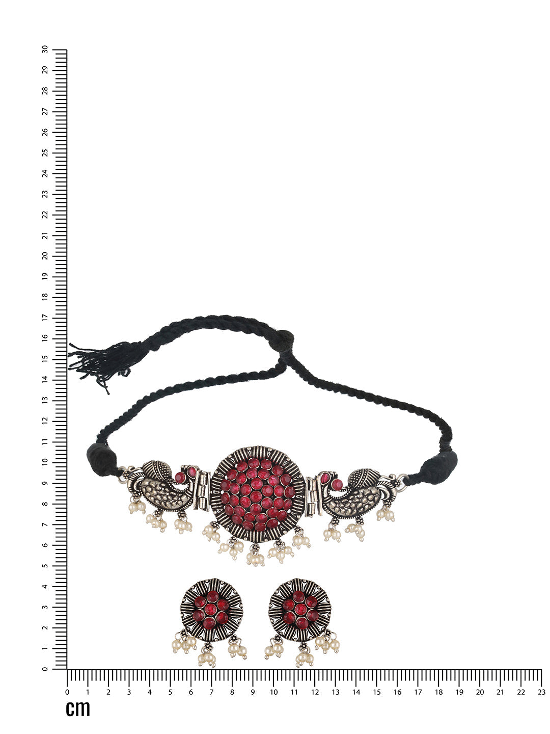 Silver Plated Red Stone Studded & Pearl Beaded Oxidised Peacock Shaped Jewellery Set