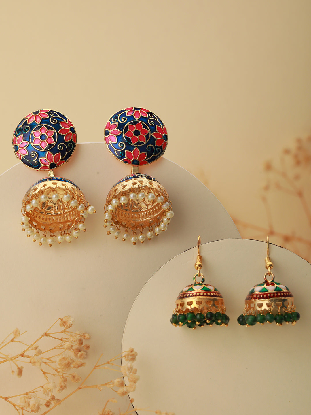 Set Of 2 Black & Green Gold Plated Dome Shaped Meenakari Jhumkas Earrings