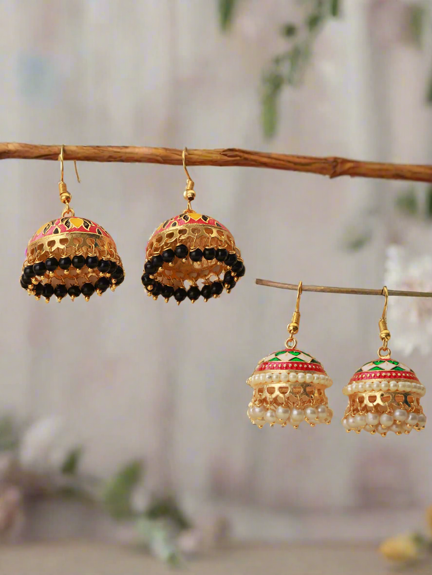Set Of 2 Pair Pink & White Gold Plated Meenakari Jhumkas Earrings