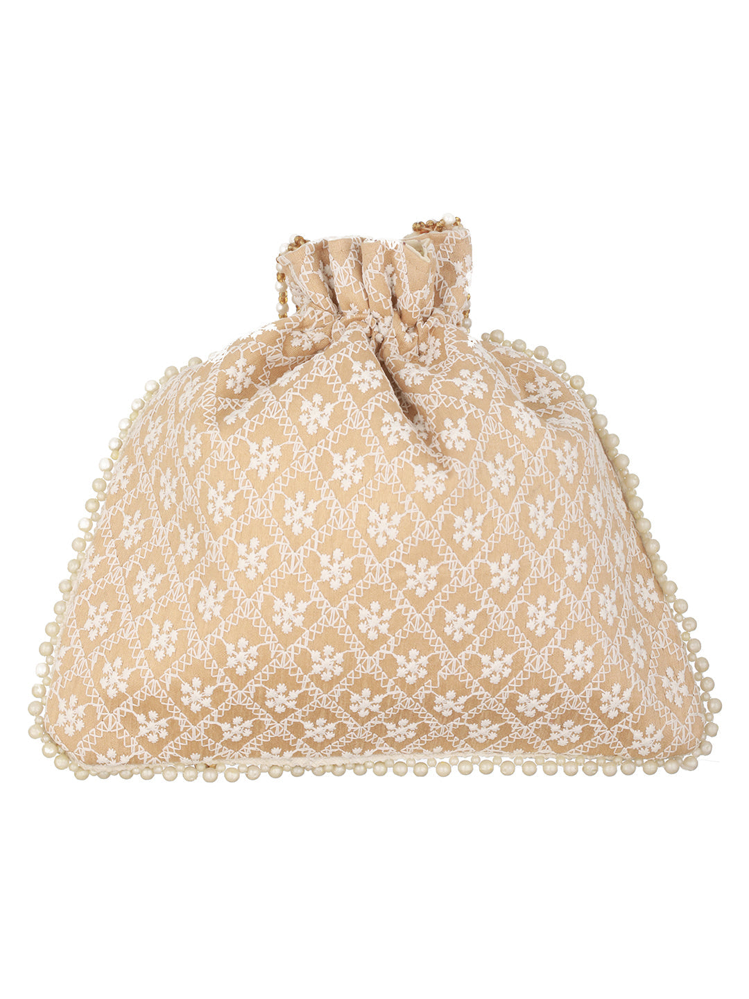 Jazz And Sizzle Beige & Gold-Toned Chikan Embroidered Work Potli Clutch