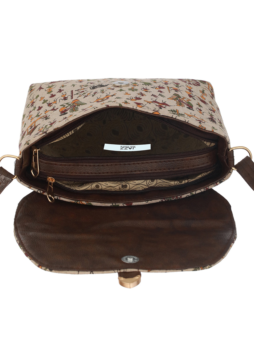 White & Brown Printed Sling Bag