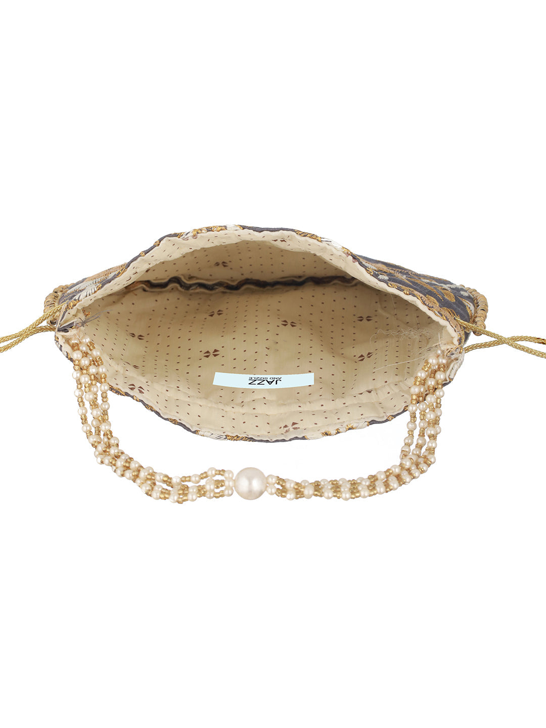Jazz And Sizzle Grey & Gold Embroidered Embellished Potli Clutch
