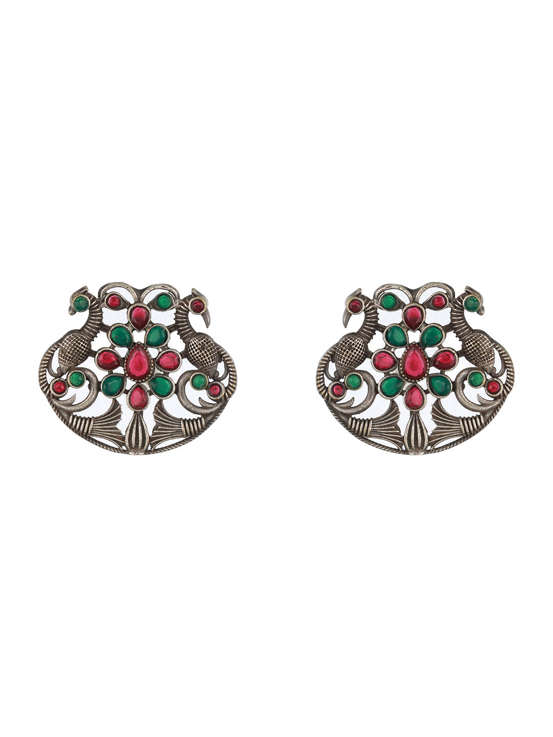 Silver Plated Green & Red Stone Studded Peacock Shaped Stud Earrings