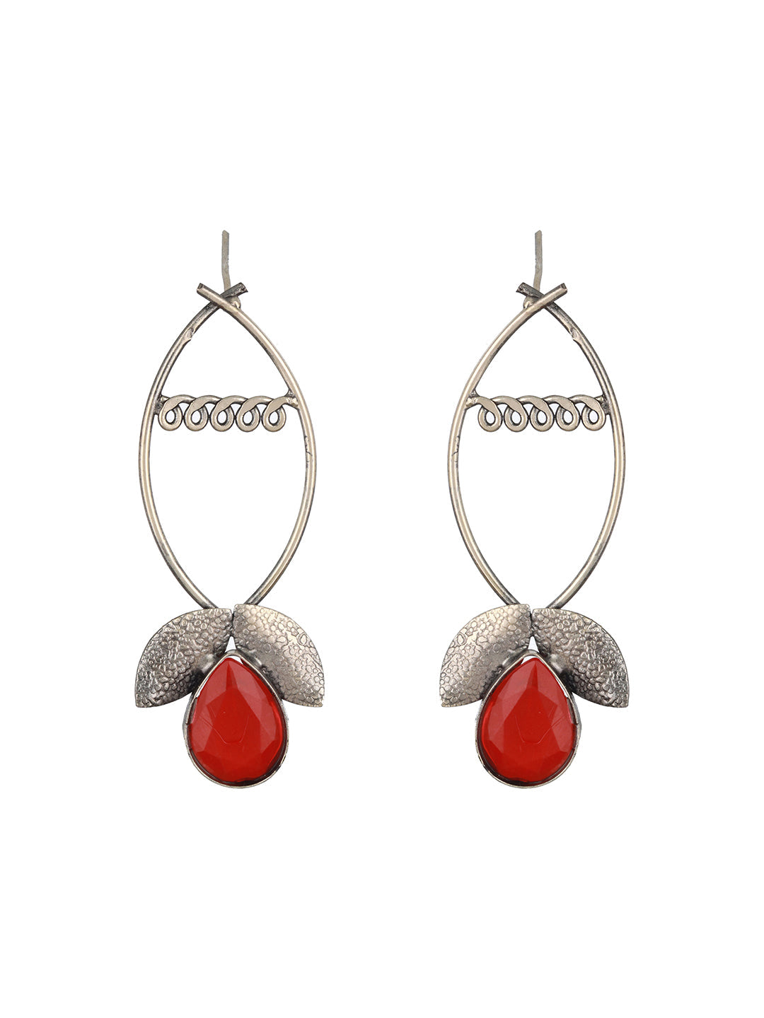 Red Stone Studded & Lef Shaped Contemporary Drop Earrings