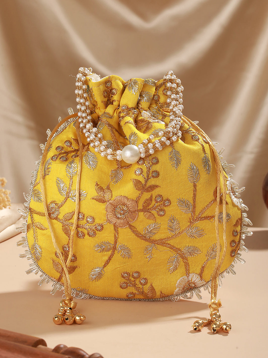 Yellow & Gold-Toned With Rich Embroidered Potli Clutch