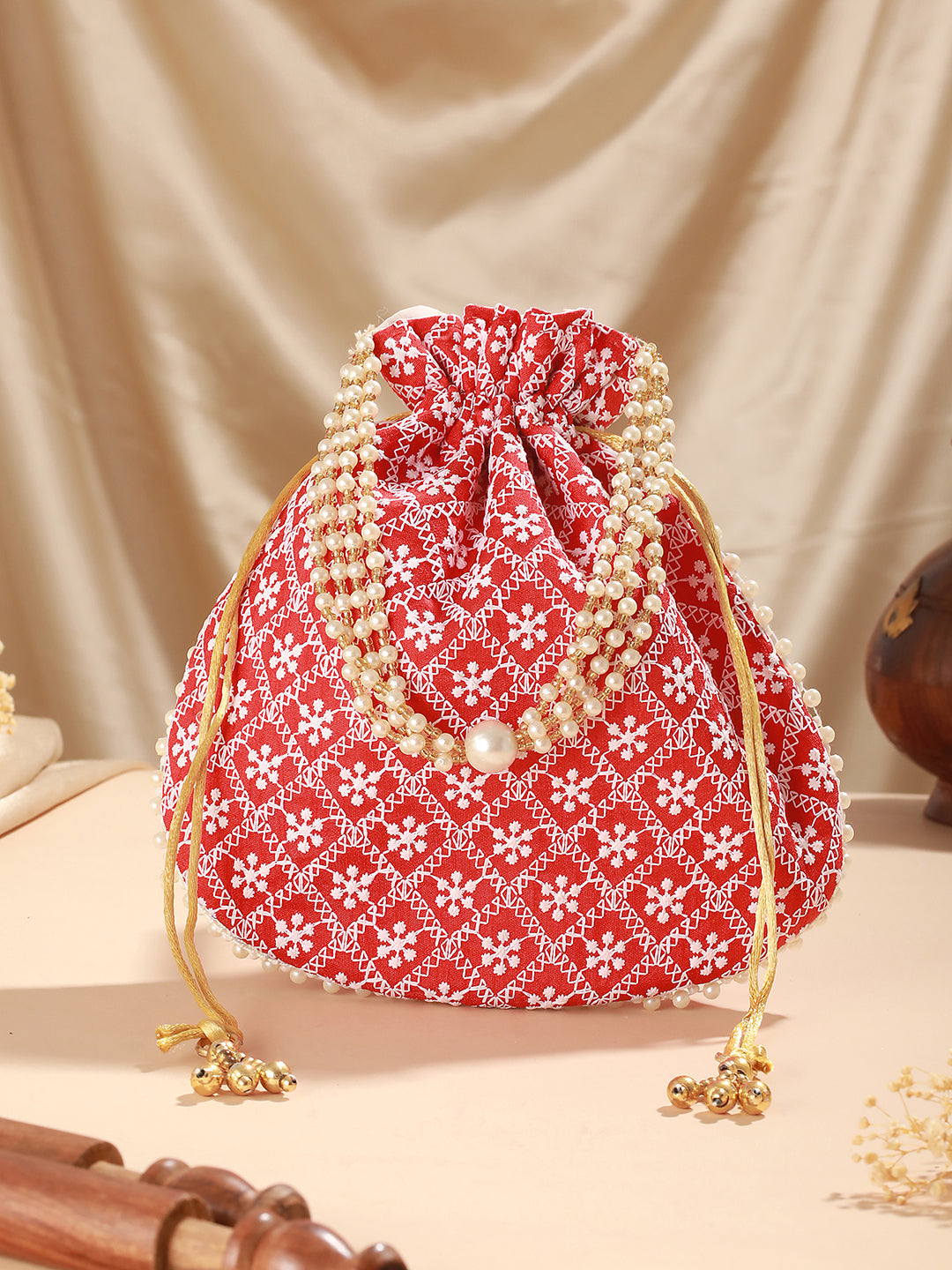 Jazz And Sizzle Red & Gold-Toned Chikan Embroidered Work Potli Clutch