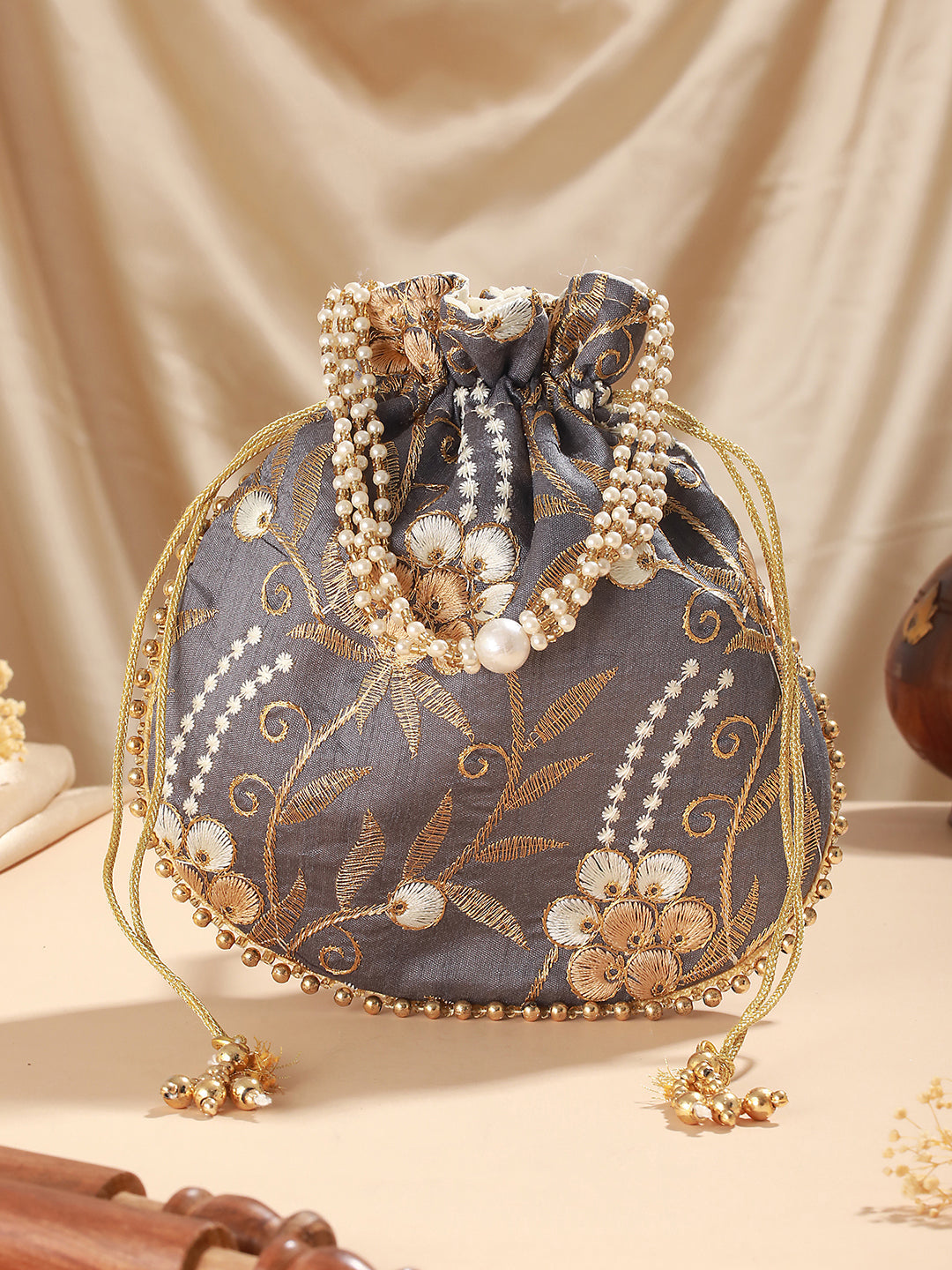 Jazz And Sizzle Grey & Gold Embroidered Embellished Potli Clutch